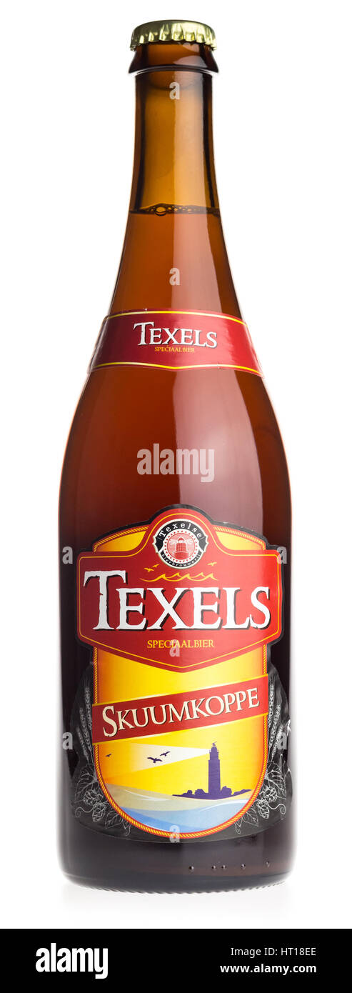 Large bottle of dutch Texels Skuumkoppe craft beer isolated on a white background Stock Photo