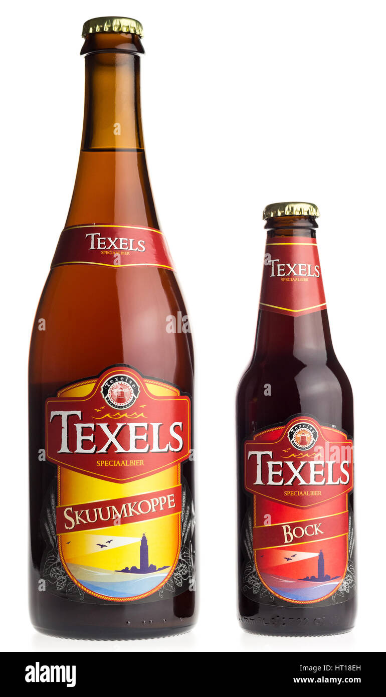 Large and small bottle of dutch Texels craft beer isolated on a white background Stock Photo