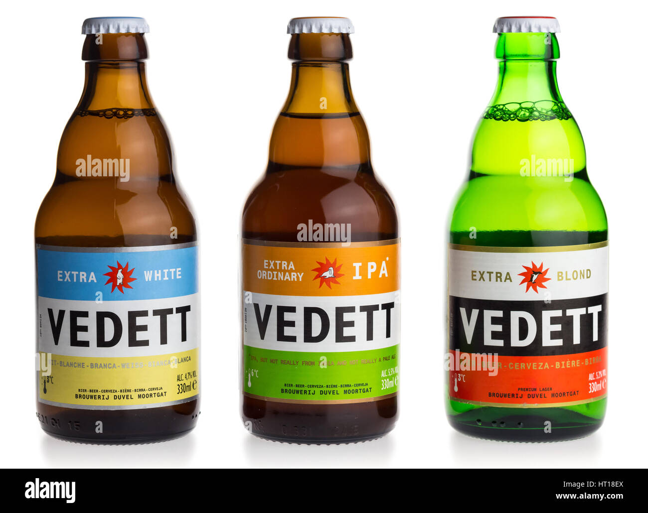 Bottles of Belgian Vedett beer isolated on a white background Stock Photo