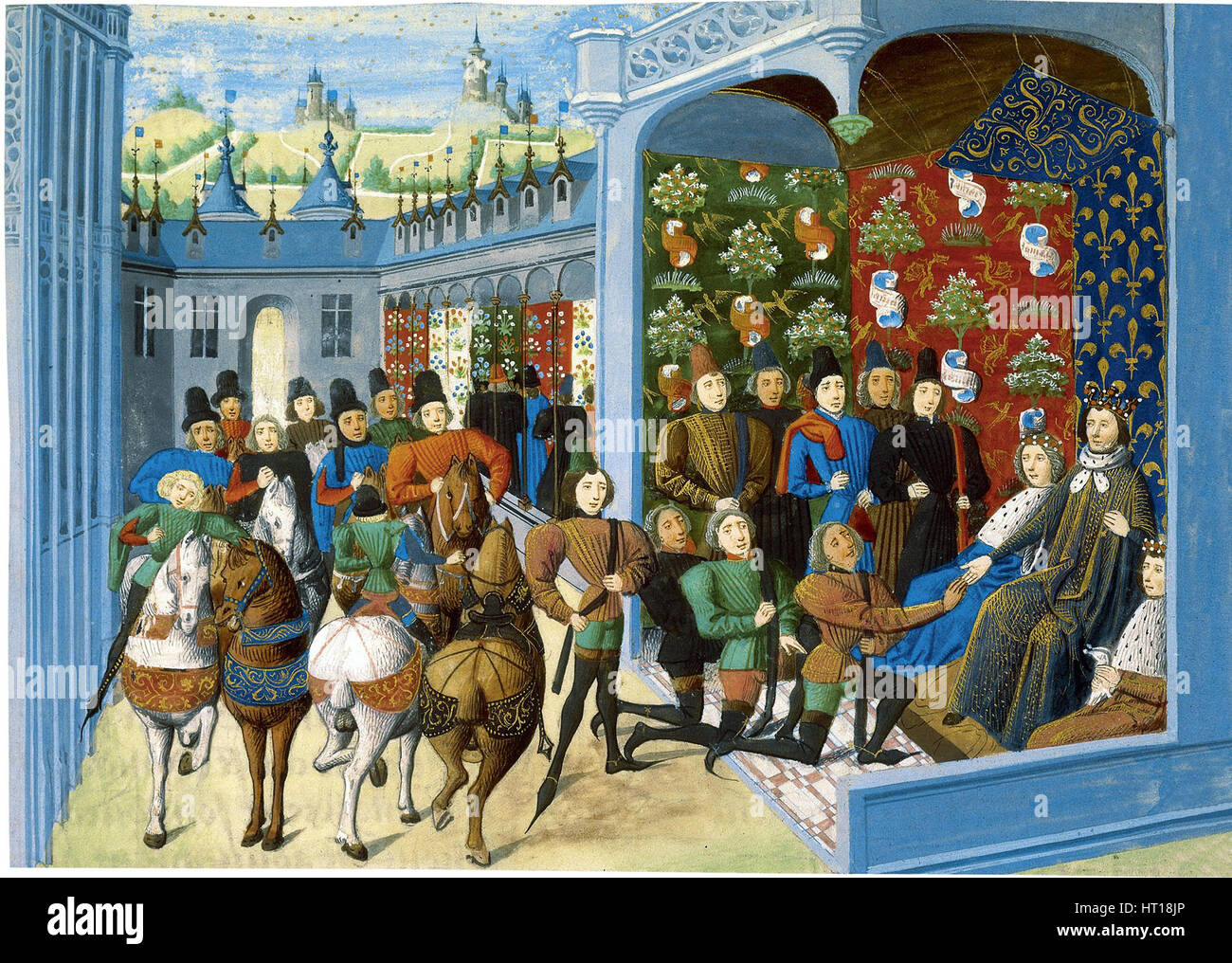 King Charles VI of France receives the English envoys. From the Jean Froissart's Chroniques, before  Artist: Master of the Harley Froissart (active 14 Stock Photo