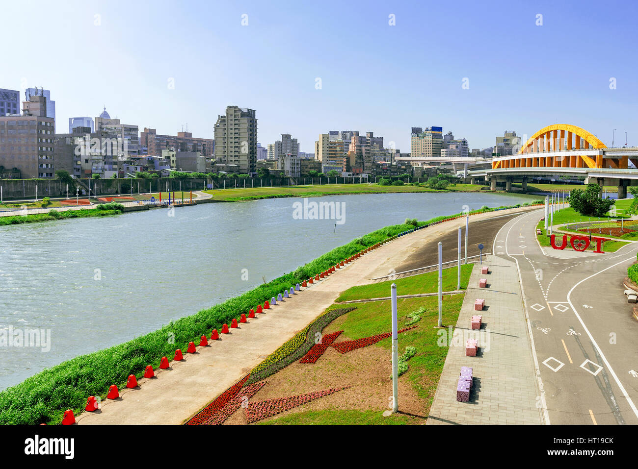Cityscape of Taipei riverside park area and the Keelung river Stock Photo