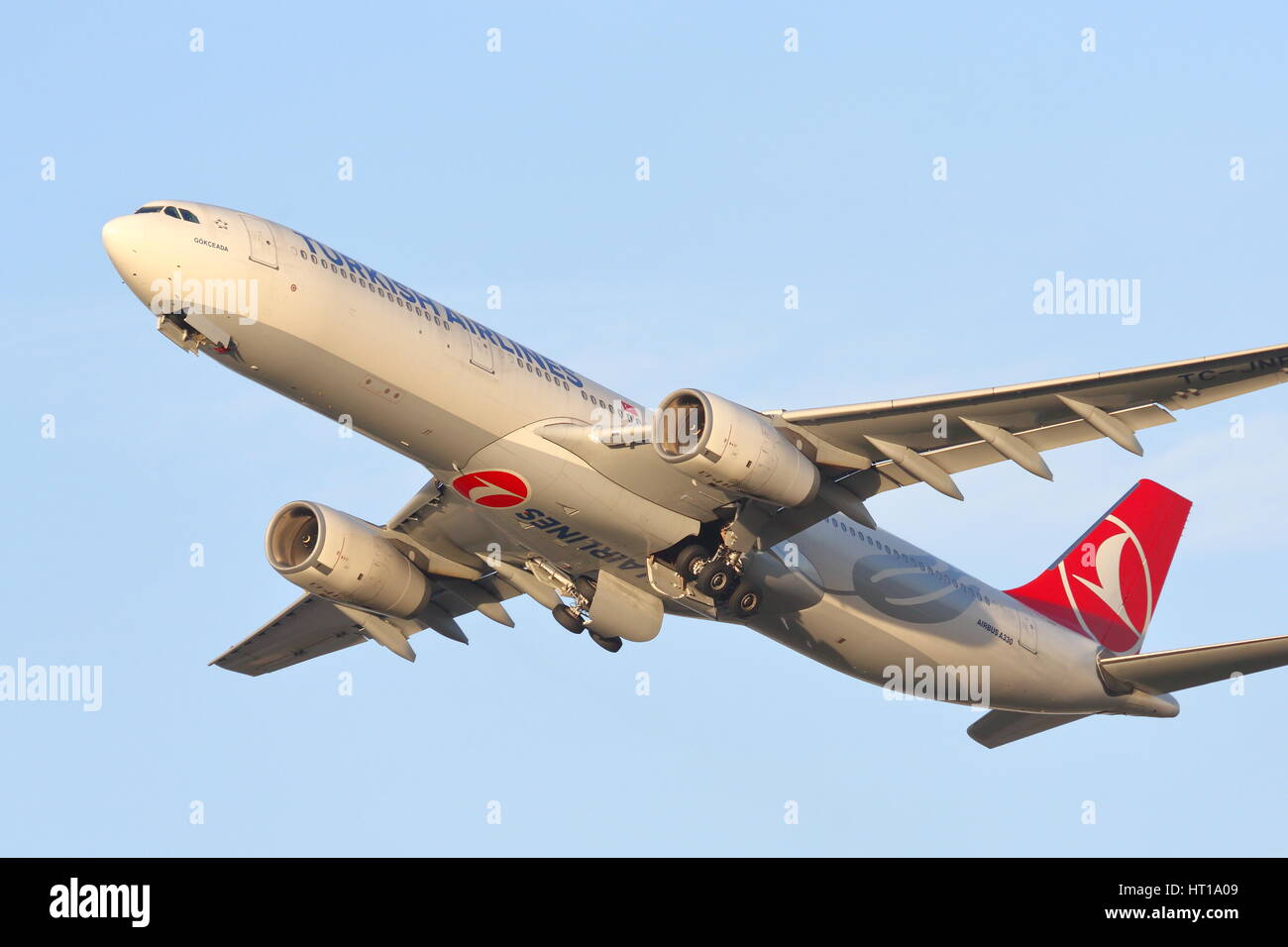 Turkish Airlines Airbus A330 TC-JNP departing from London Heathrow Airport, UK Stock Photo