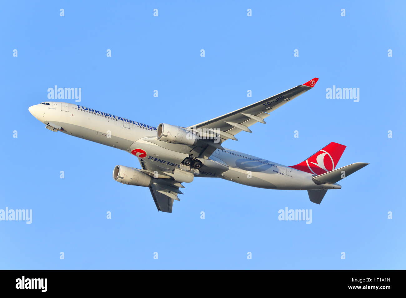 Turkish Airlines Airbus A330 TC-JNP departing from London Heathrow Airport, UK Stock Photo