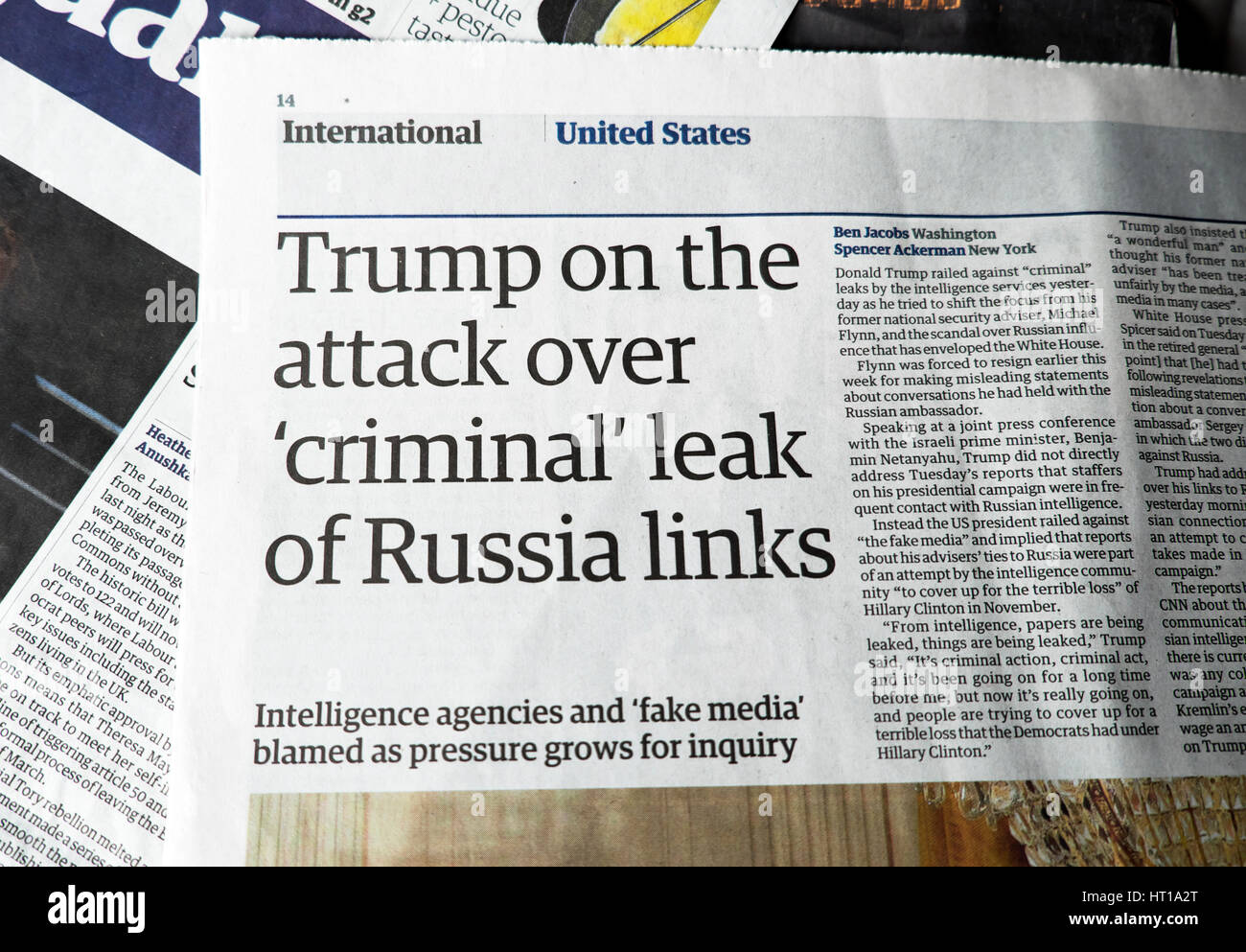 'Trump on the attack over 'criminal' leak of Russia links'  Guardian newspaper article British papers 2017 London UK Stock Photo