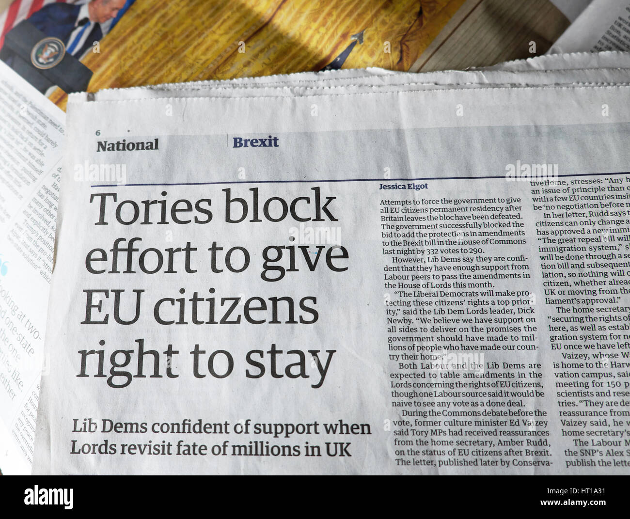 'Tories block effort to give EU citizens right to stay' article in Guardian newspaper 2017 London UK Stock Photo