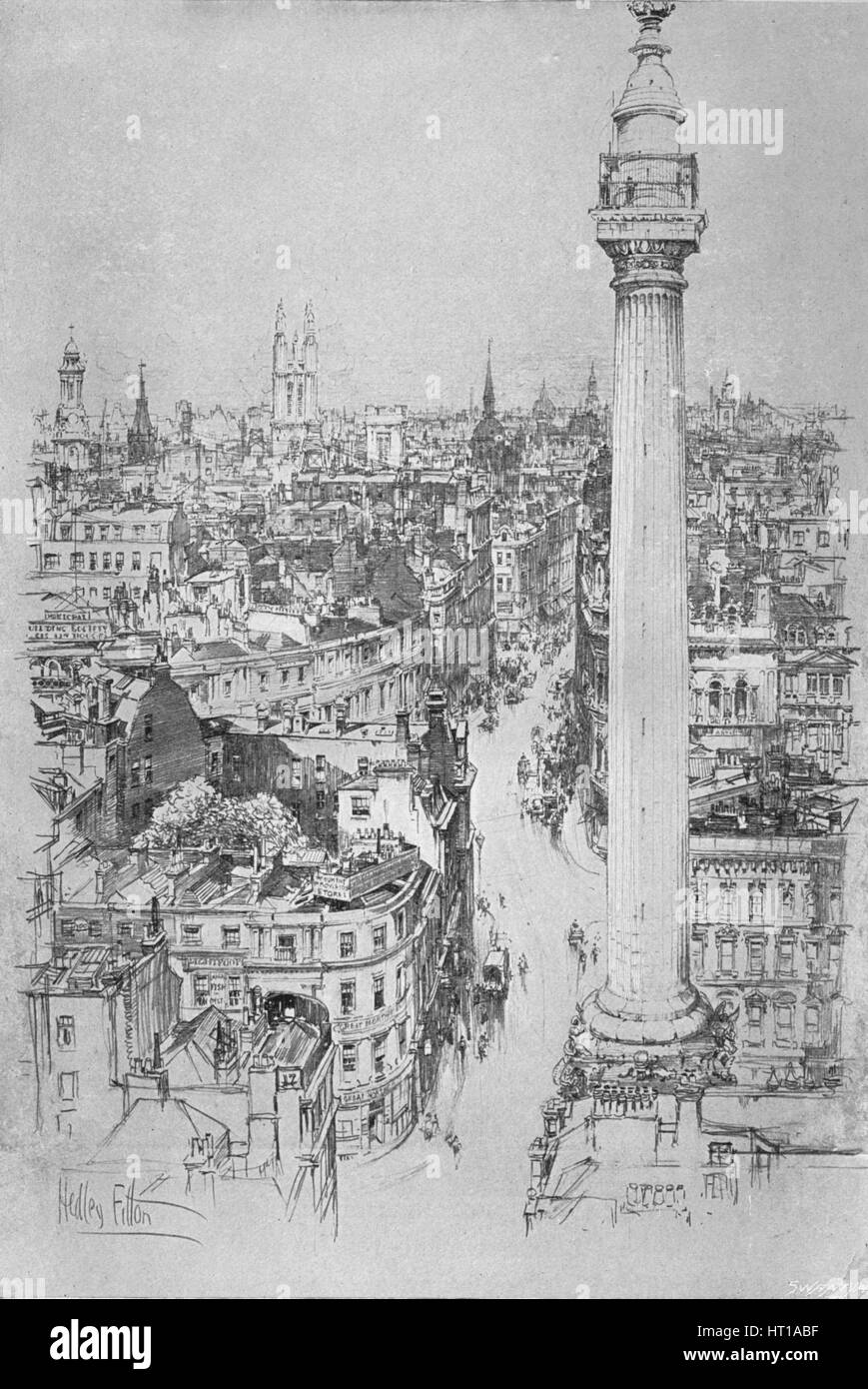 'The Monument, Fish Street Hill, from the steeple of St. Magnus', c1903, (1903). Artist: Hedley Fitton. Stock Photo