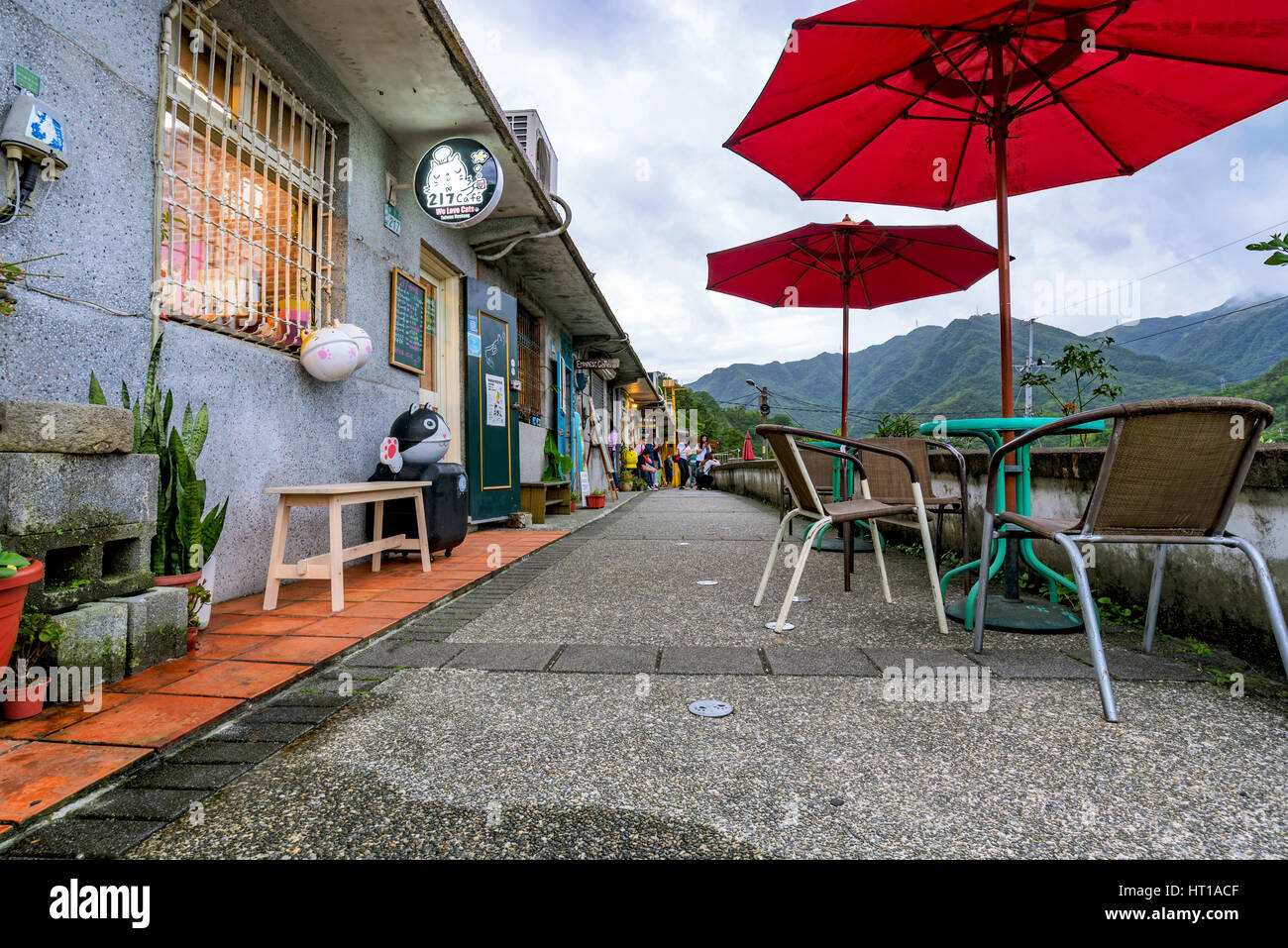 TAIPEI, TAIWAN - NOVEMBER 20: This is an evening view of cafes in Houtong cat village on November 20, 2016 in Taipei Stock Photo