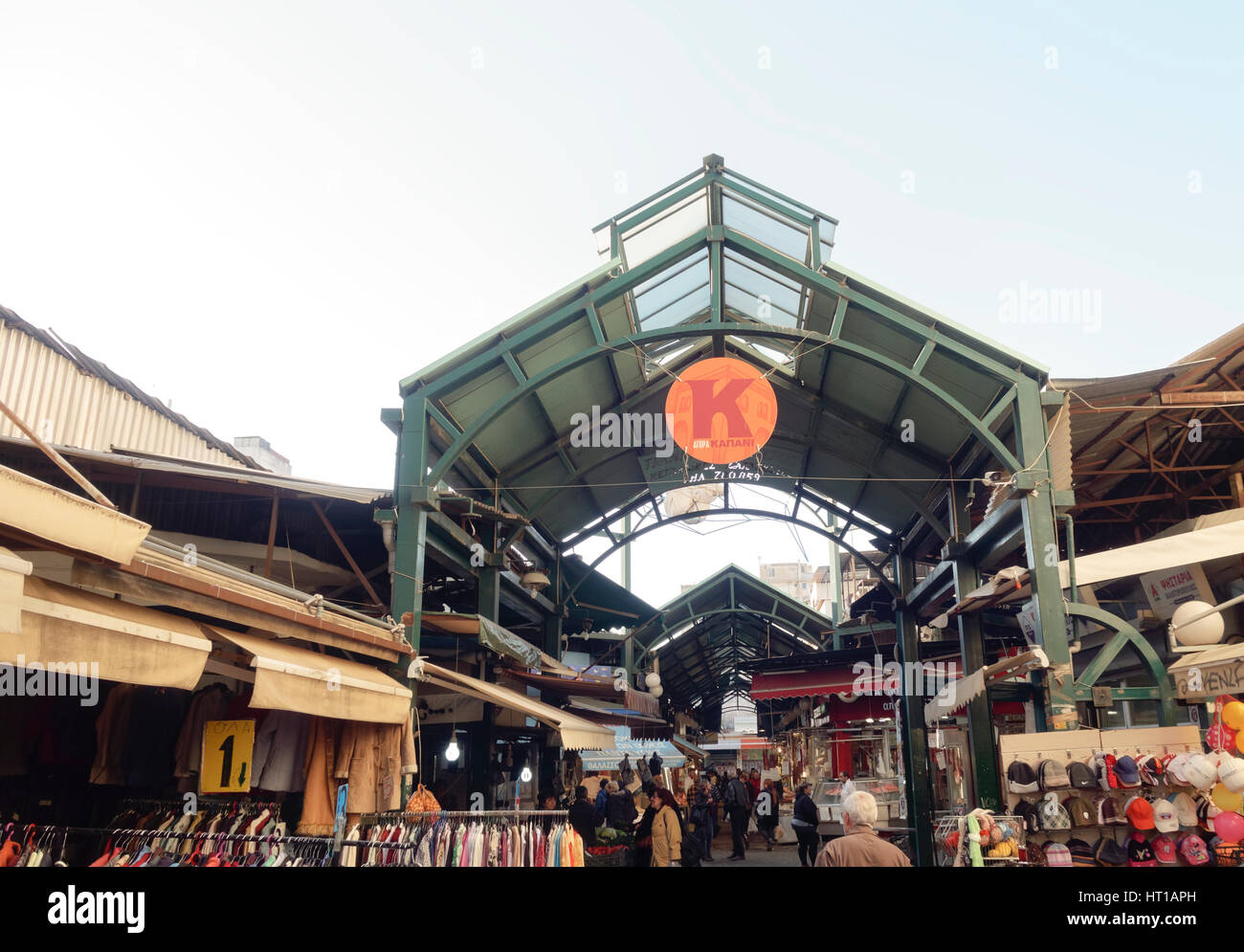 Kapani Market area entrance with food stores in Thessaloniki, Greece