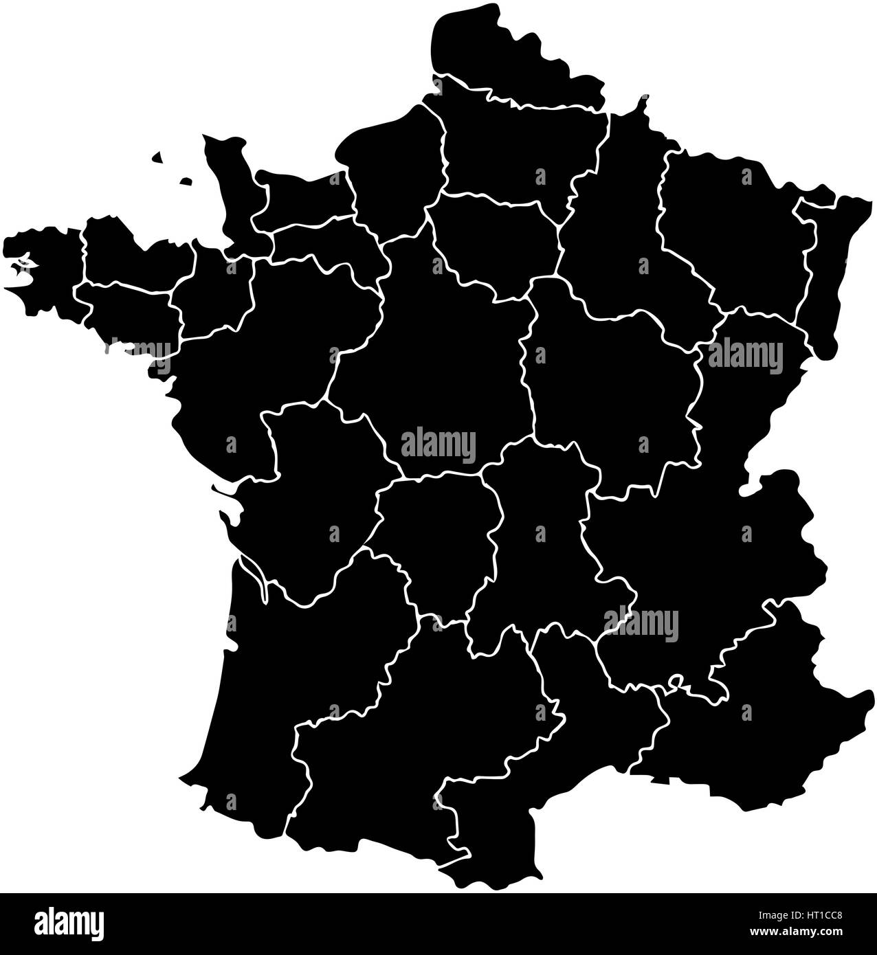 France map with borders of the regions. Detailed vector illustration of French Republic . Black outlines isolated on white background. Image for polit Stock Vector