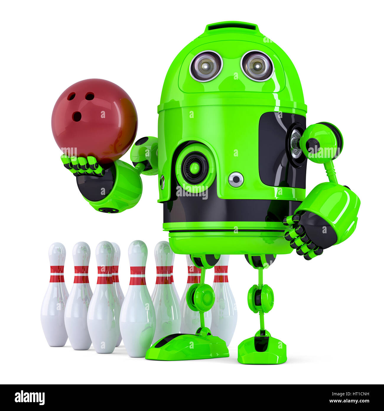 Green Robot playing bowling. Isolated over white. Contains clipping