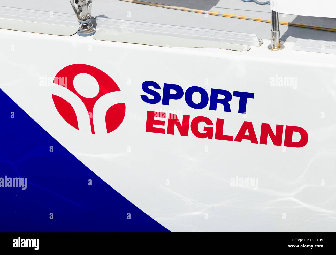Sport England logo on yacht taking part in ARC Transatlantic race/rally. Stock Photo
