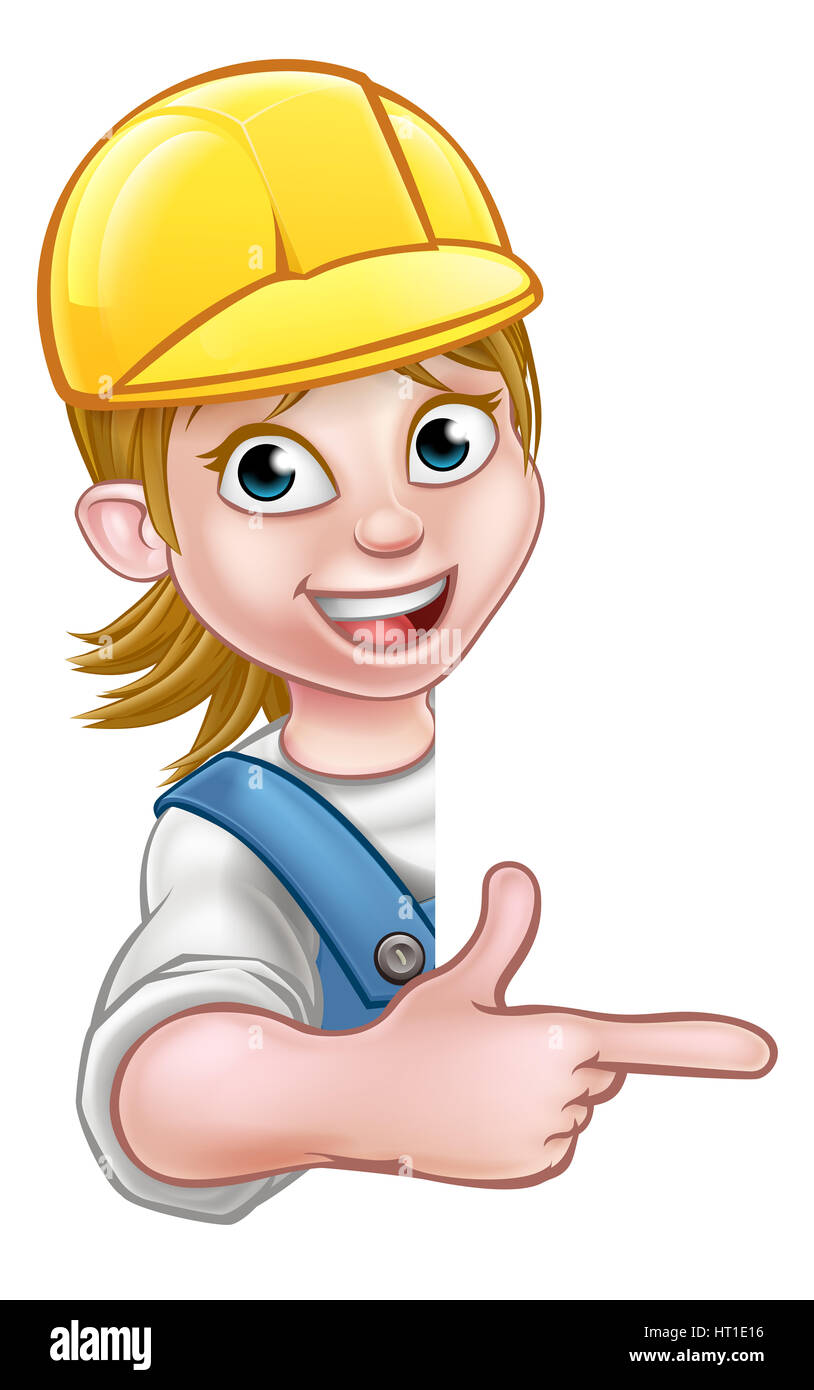 Cartoon woman handyman, builder, mechanic, carpenter, electrician or  plumber character in hard hat pointing Stock Photo - Alamy