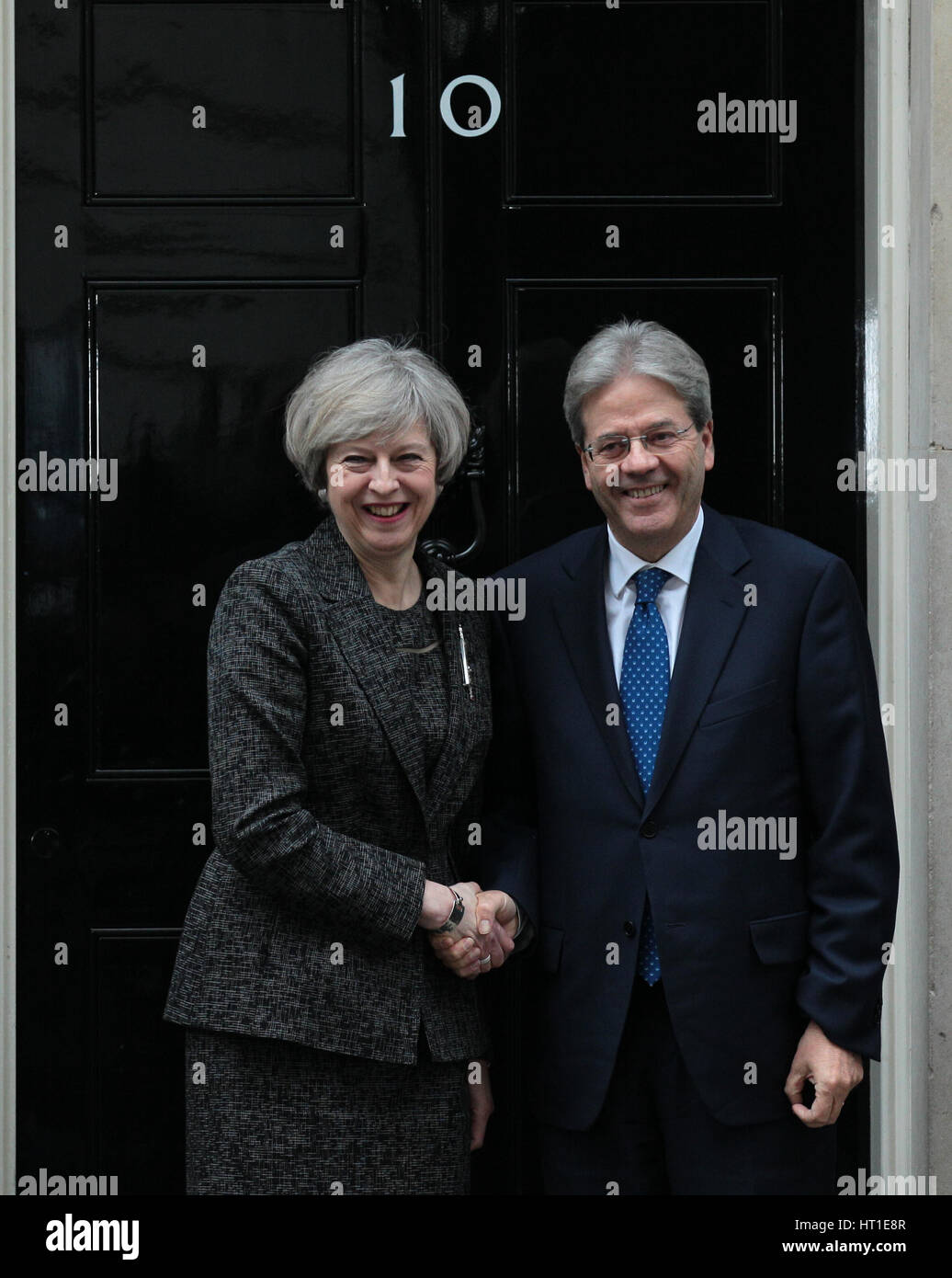 Prime Minister Theresa May and Prime Minister of Italy Paolo Gentiloni at No.10 Downing street on 9th February 2017 in London Stock Photo