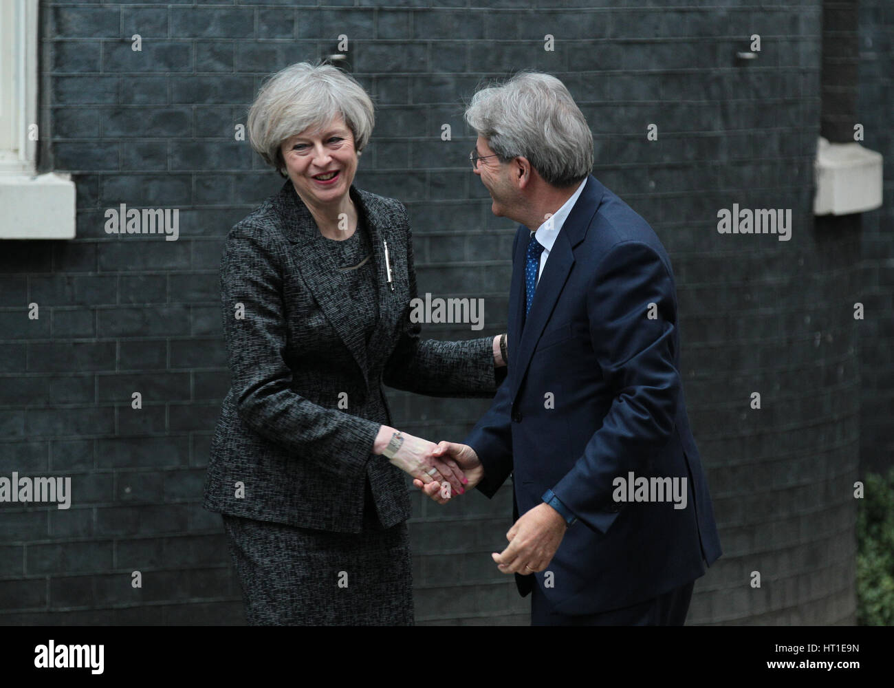 Prime Minister Theresa May and Prime Minister of Italy Paolo Gentiloni at No.10 Downing street on 9th February 2017 in London Stock Photo