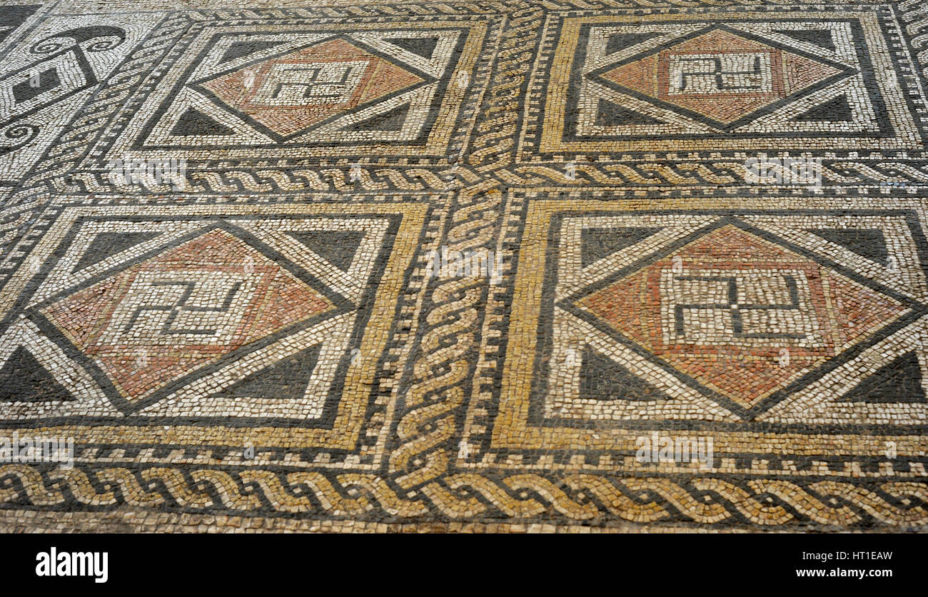 Roman geometric mosaic. 2nd3rd century AD. Square with swastikas. From