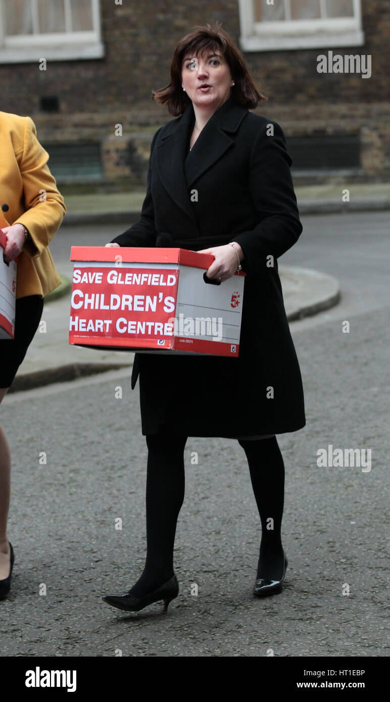 Nicky Morgan MP seen at Downing street delivering a petition to save the Glenfield Children's Heart Centre on 9th February 2017 in London Stock Photo
