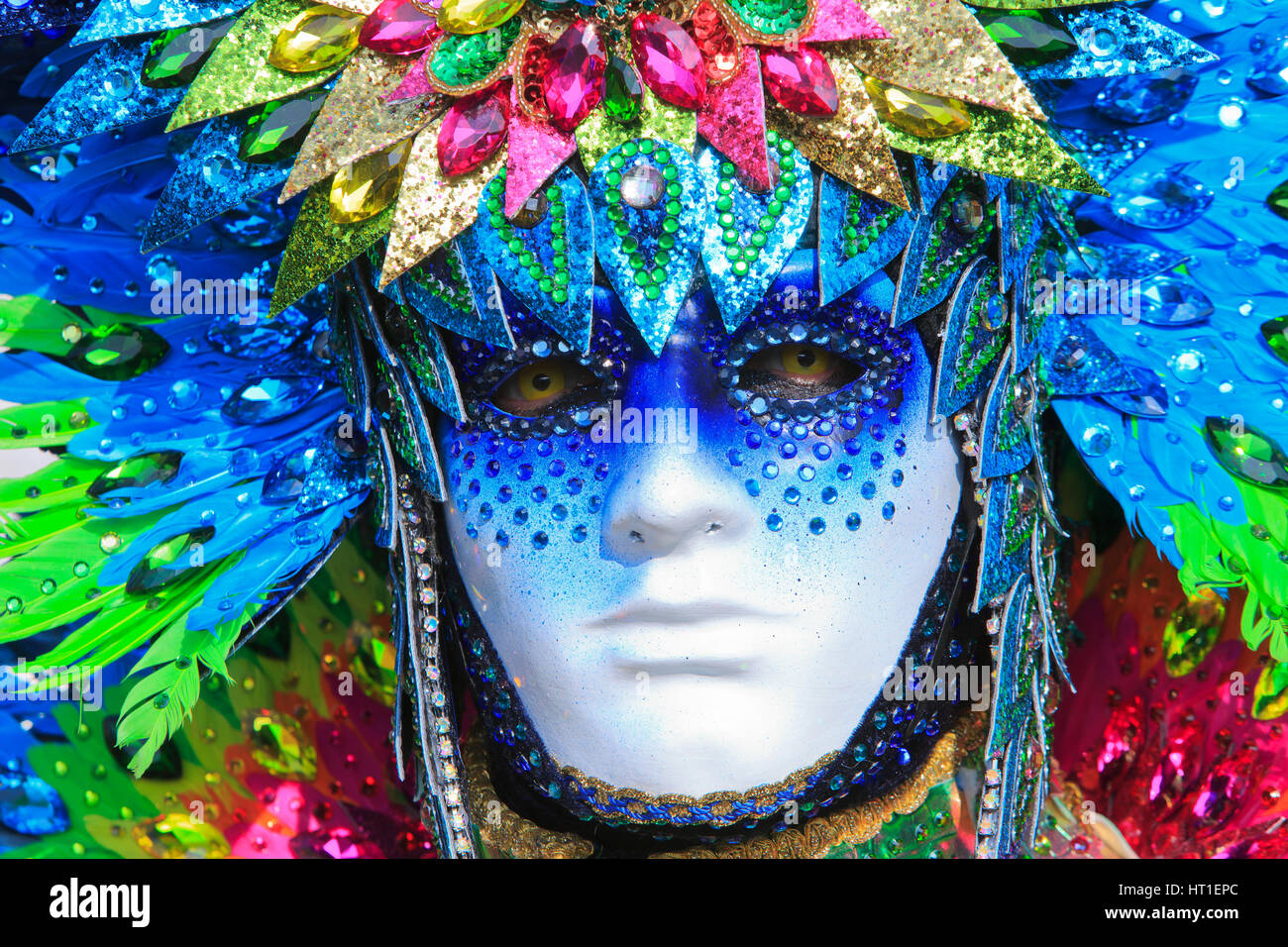 A Na'vi (Avatar) outside the Venetian Arsenal during the 2017 Carnival of Venice, Italy Stock Photo