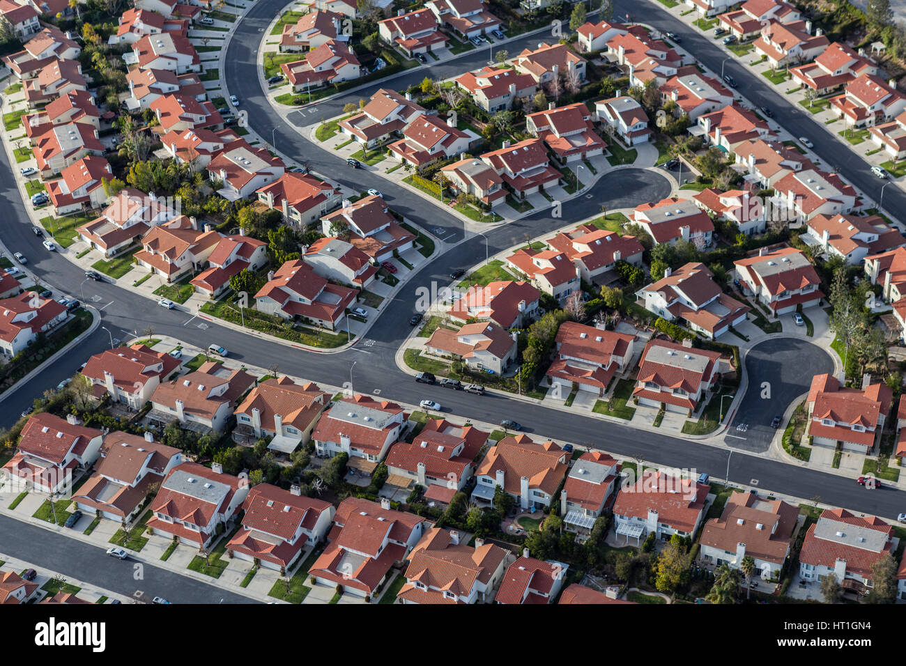 Aerial view of suburban homes in the Porter Ranch community of Los Angeles California. Stock Photo