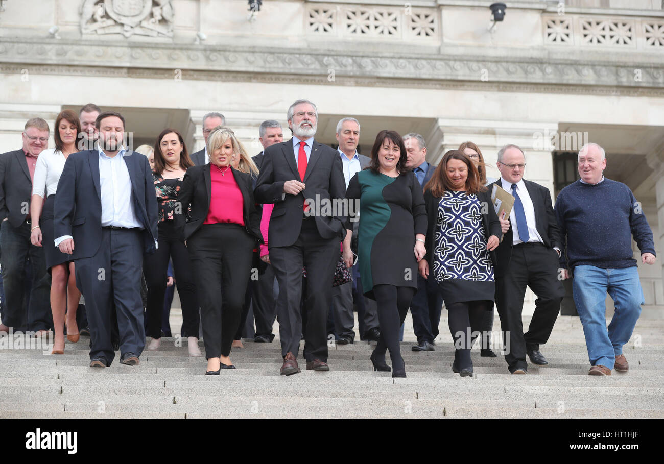 Sinn Fein's Michelle O'Neill, Gerry Adams and Michelle Gildernew with other Assembly members outside Stormont as party chiefs will meet Northern Ireland Secretary James Brokenshire later for preliminary talks on finding a way to restore devolution. Stock Photo