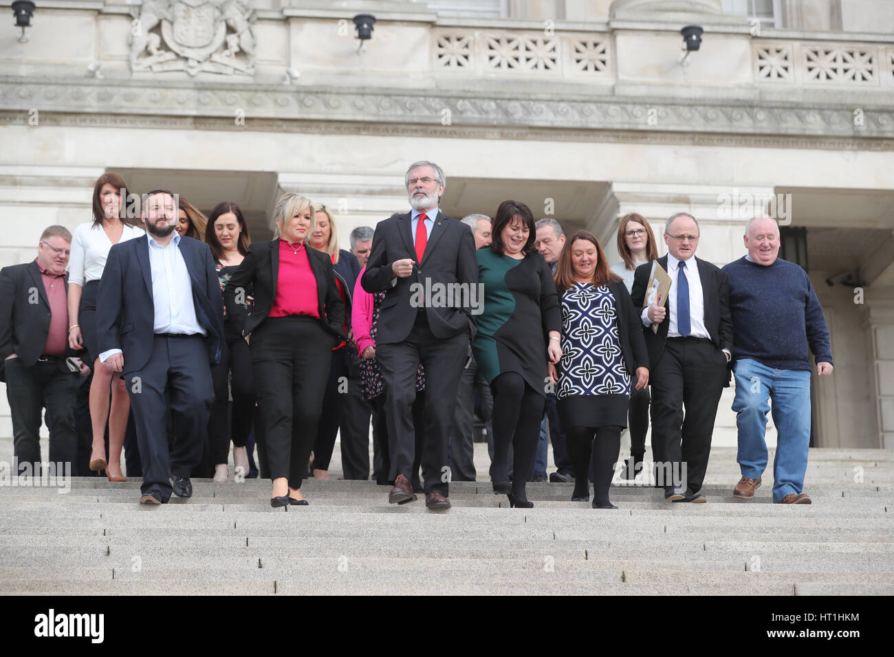 Sinn Fein's Michelle O'Neill, Gerry Adams and Michelle Gildernew with Assembly members outside Stormont as party chiefs will meet Northern Ireland Secretary James Brokenshire later for preliminary talks on finding a way to restore devolution. Stock Photo
