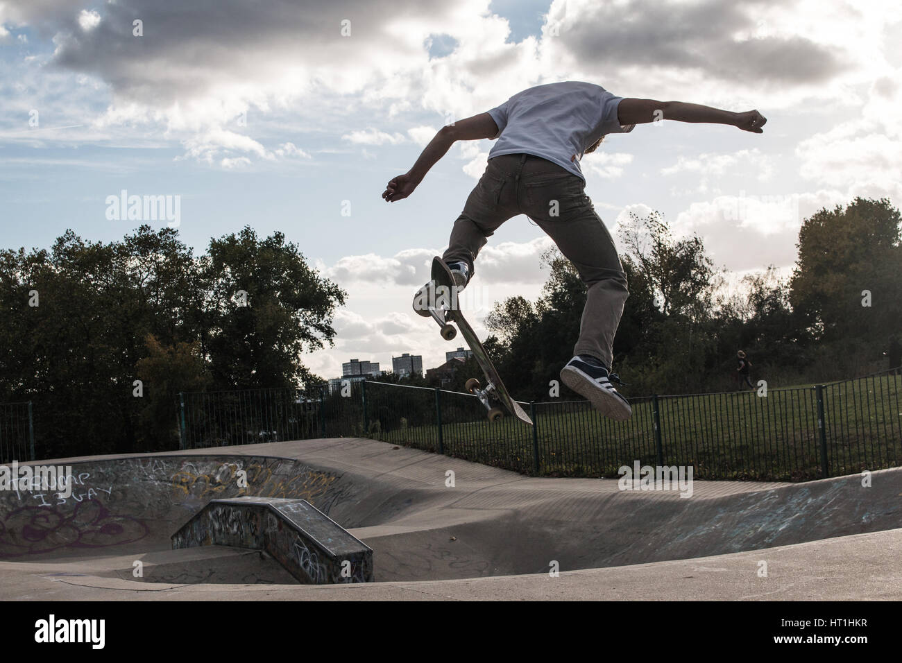 skater jumping at the skate ground in London Stock Photo