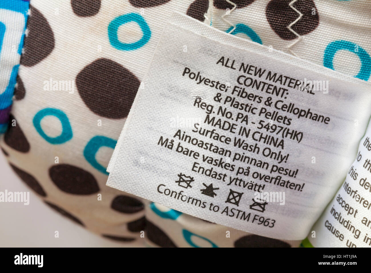 Information on label on Lamaze Trotter the pony toy made in China showing contents and washing instructions - sold in the UK United Kingdom Stock Photo