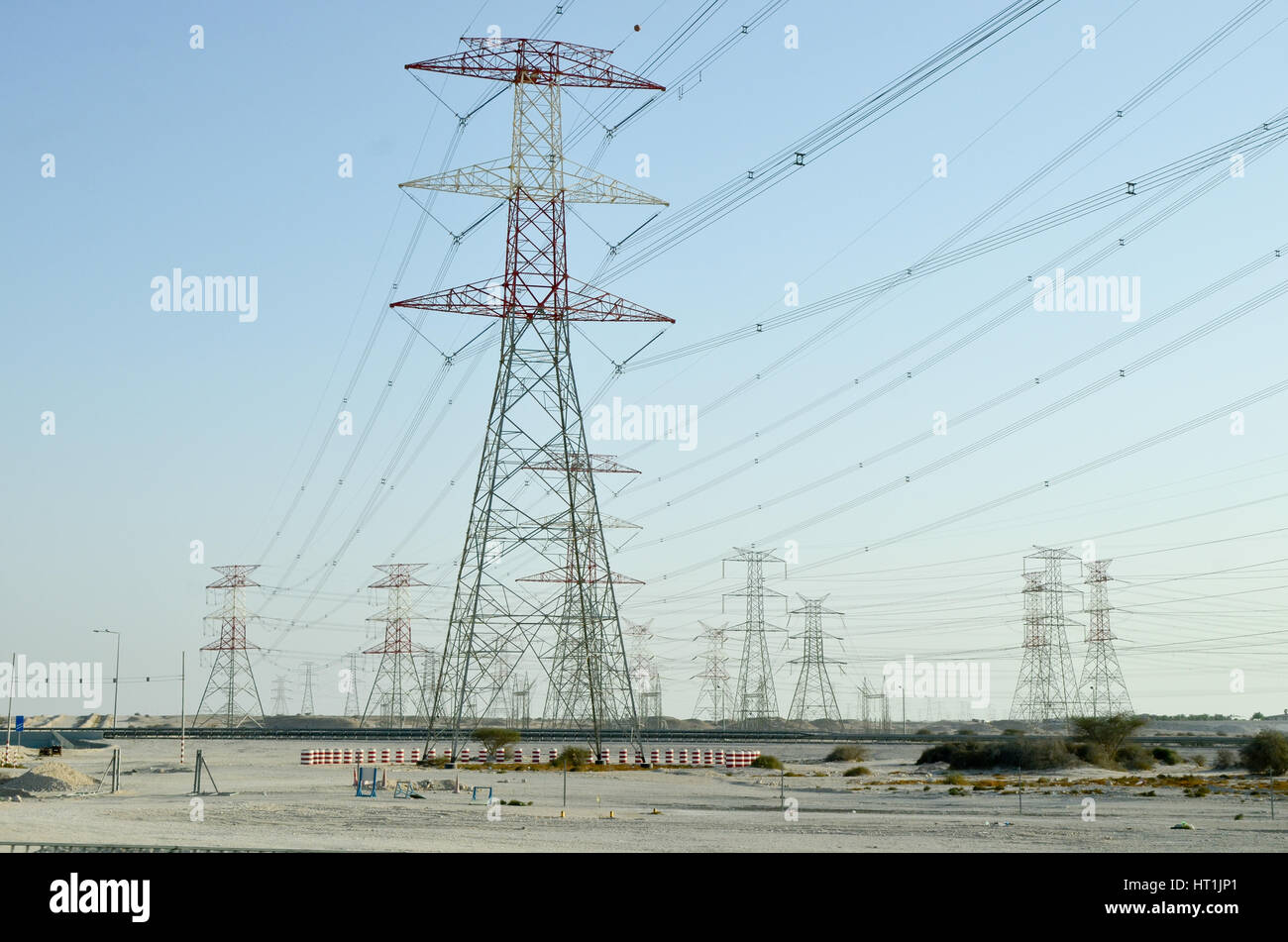 Extra High Voltage Transmission line on galvanized steel pylons Stock