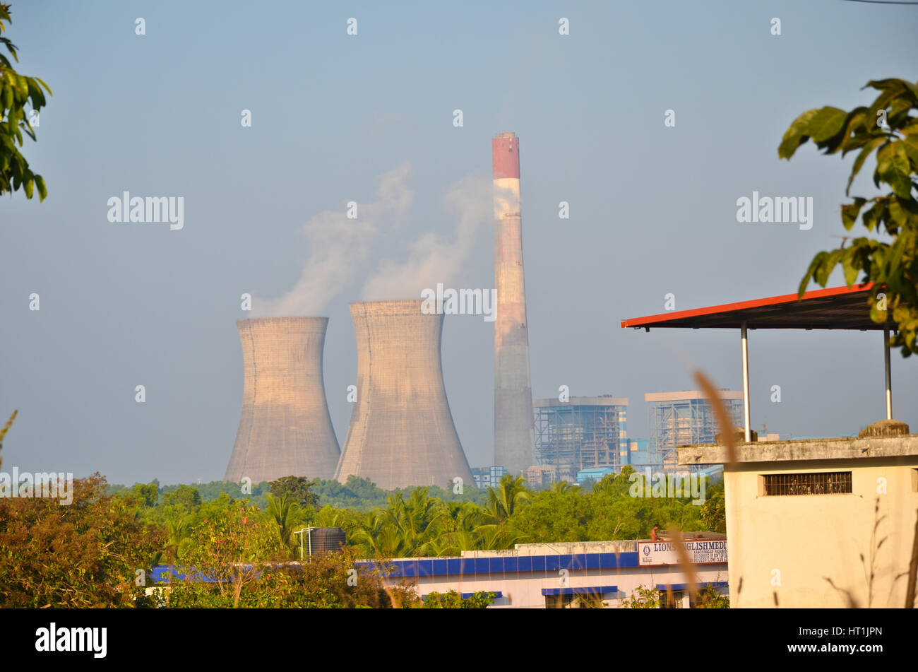 Cooling tower and chimney of a thermal power plant Stock Photo