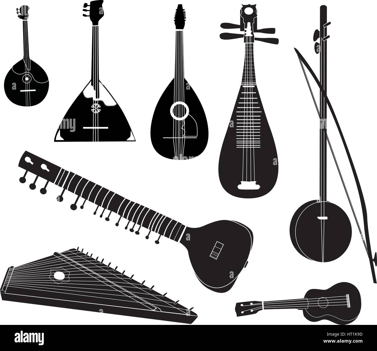 Ethnic music instruments vector set. Musical instrument silhouette on white background. Stock Vector