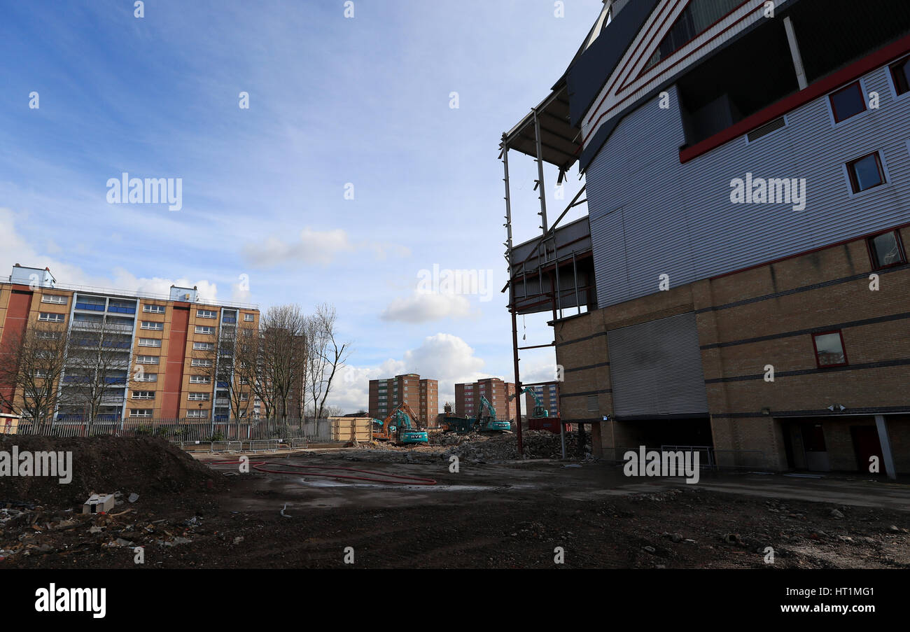 Demolition continues at the Boleyn Ground as West Ham's old stadium is redeveloped in to a residential estate. PRESS ASSOCIATION Photo. Picture date: Monday March 6, 2017. See PA story SOCCER West Ham. Photo credit should read: Tim Goode/PA Wire Stock Photo