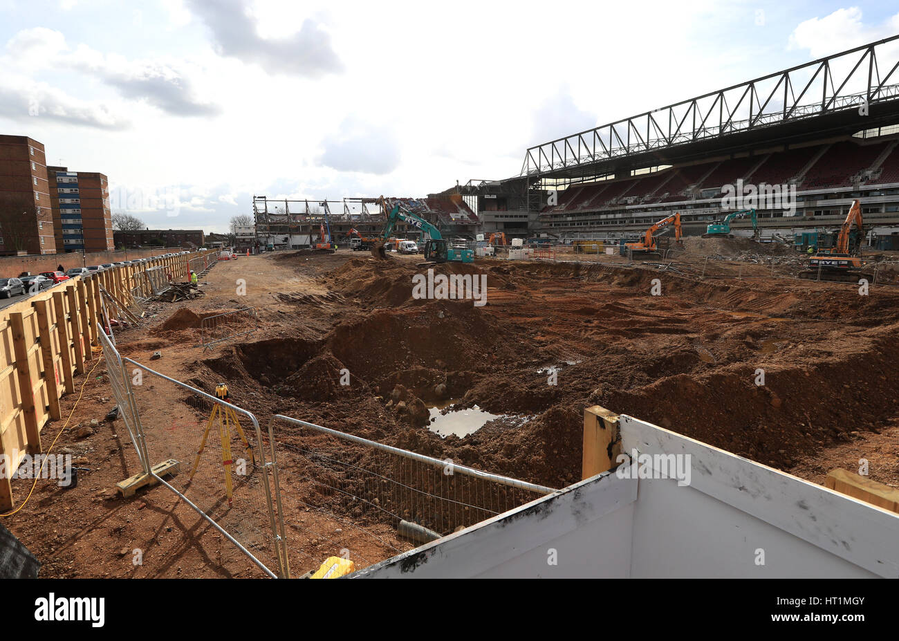 Demolition continues at the Boleyn Ground as West Ham's old stadium is redeveloped in to a residential estate. Stock Photo
