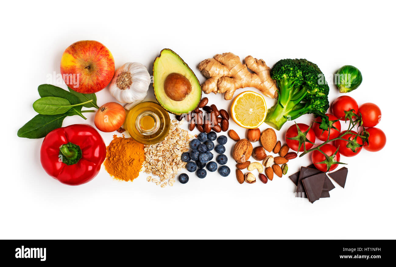 Selection Of Healthy Food On White Background Healthy Diet Foods For Heart Cholesterol And Diabetes Stock Photo Alamy