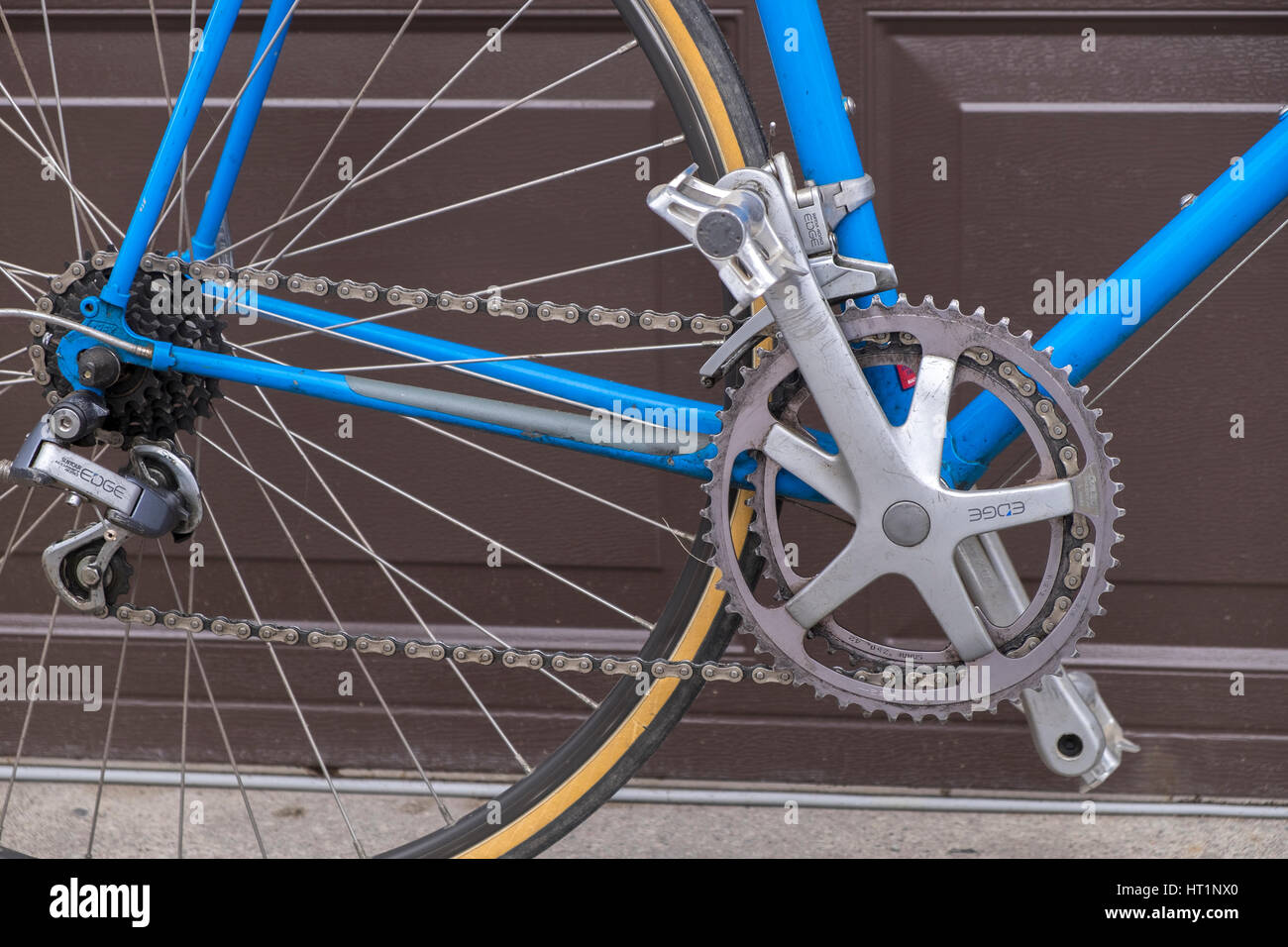 A close up of the drive train including the chain gears chain