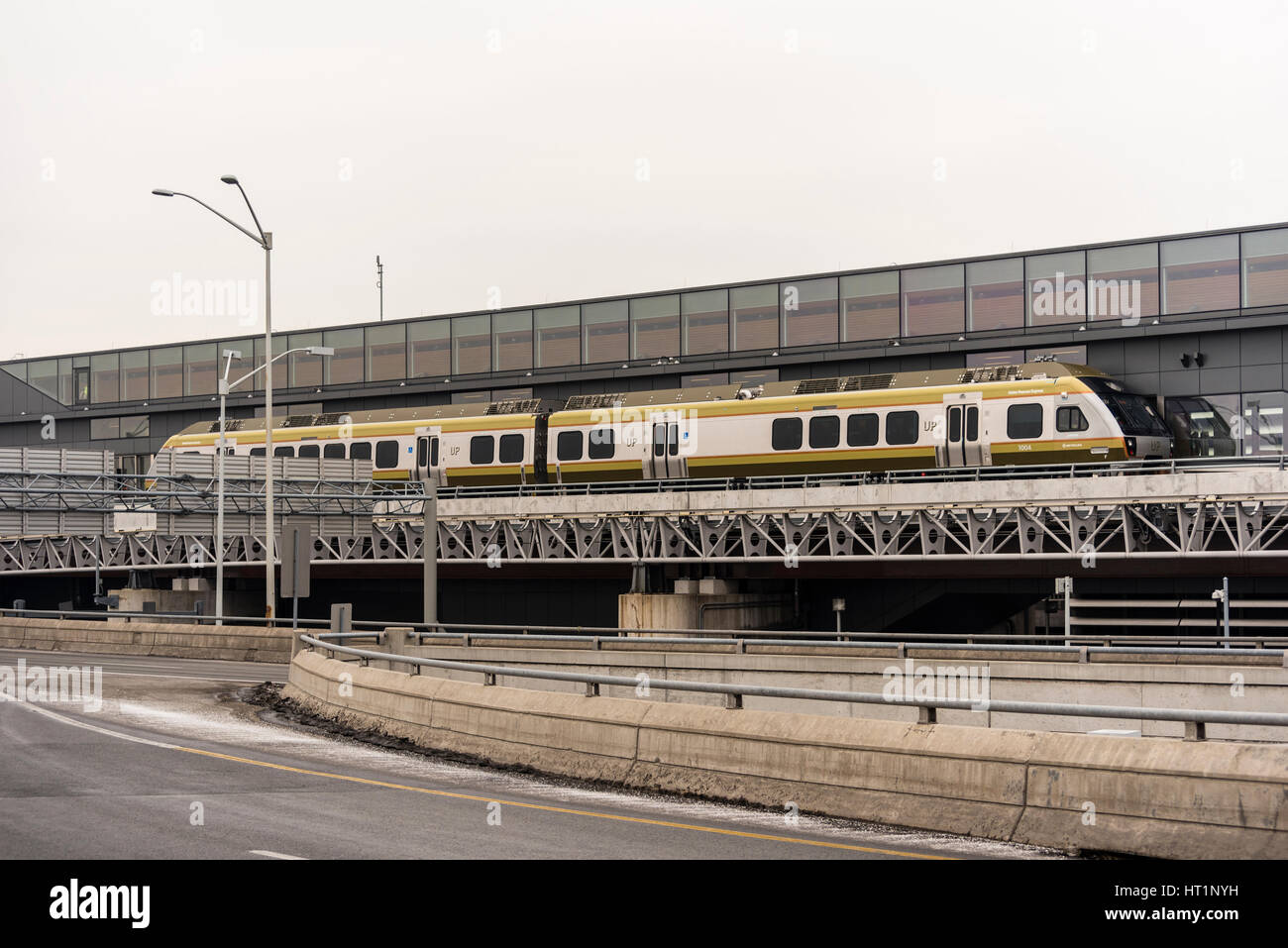 A Union Pearson or UP train parked at the Toronto Pearson International  Airport station. Stock Photo