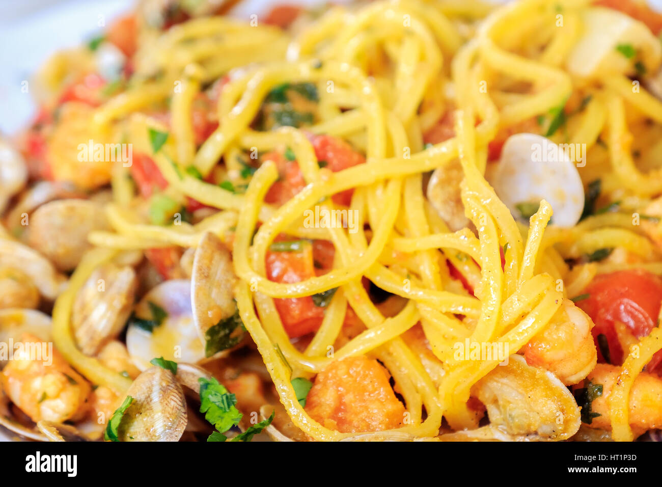 spaghetti alla chitarra Abruzzo pasta closeup italian seafood Stock