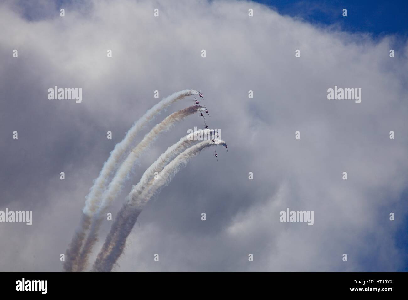 The Red Arrows RAF Royal Air Force Aerobatic Team in flight during a display at Bournemouth Air Festival 2015 Stock Photo