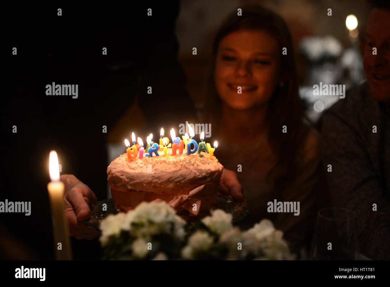 Birthday cake and candles  for an Eighteen Year old girl Stock Photo