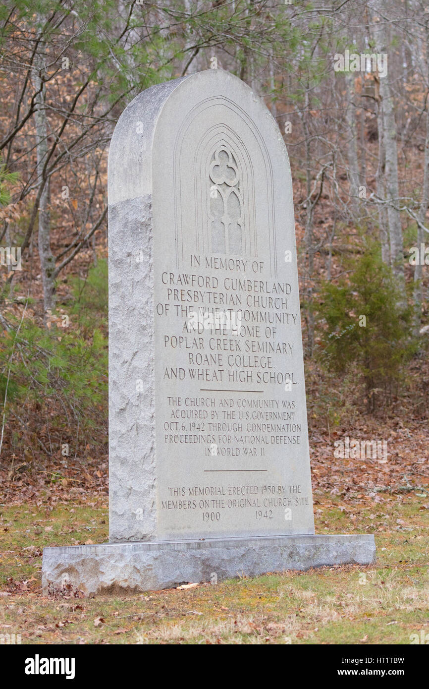 A memorial erected in 1950 by the members on the original church site that was relocated the US government Stock Photo