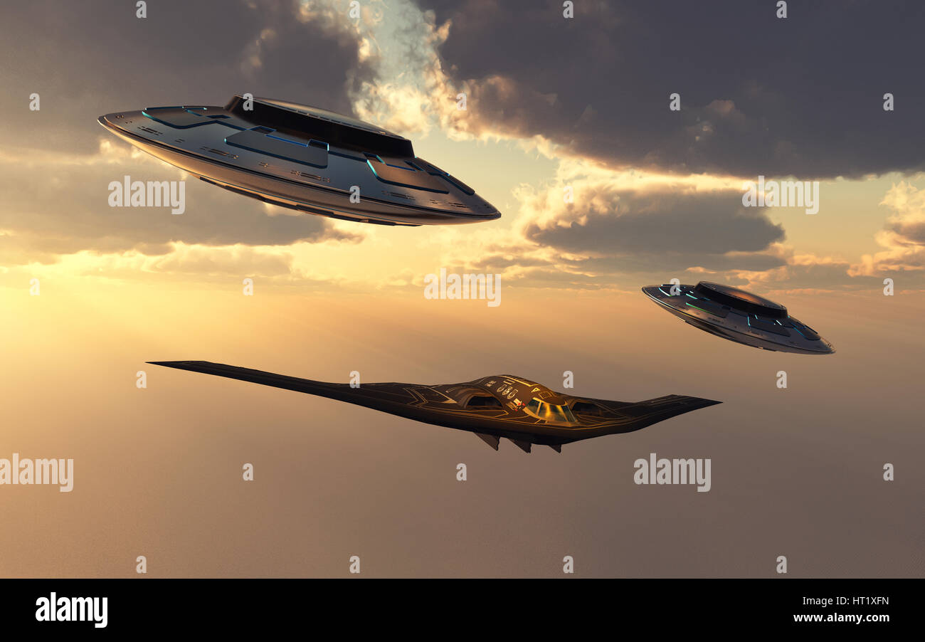 A B-2 Stealth Bomber, Being Escorted By 2 Flying Saucers, Stock Photo