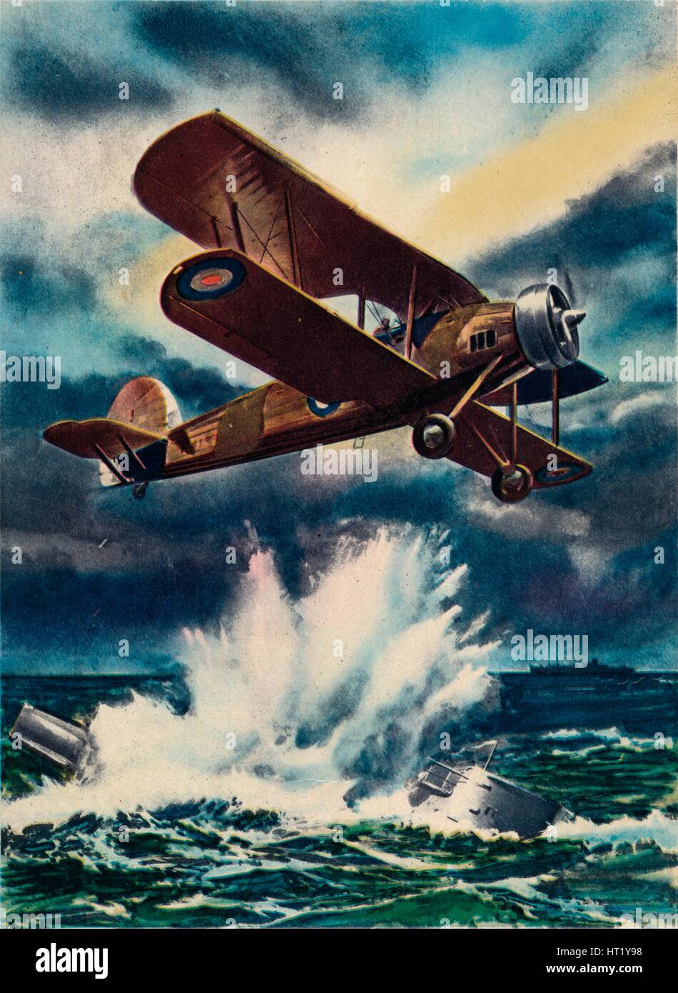 An artist's impression of a Fairey Swordfish sinking a U Boat in the