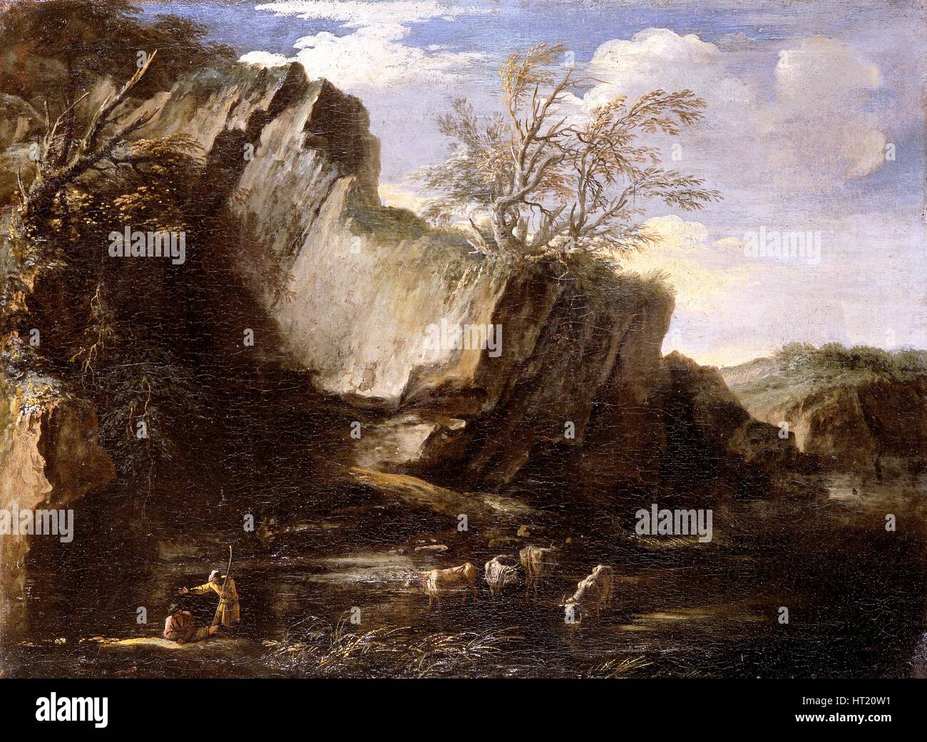 'Rocky landscape with herdsmen and cattle', 1625-1673. Artist: Salvator Rosa. Stock Photo