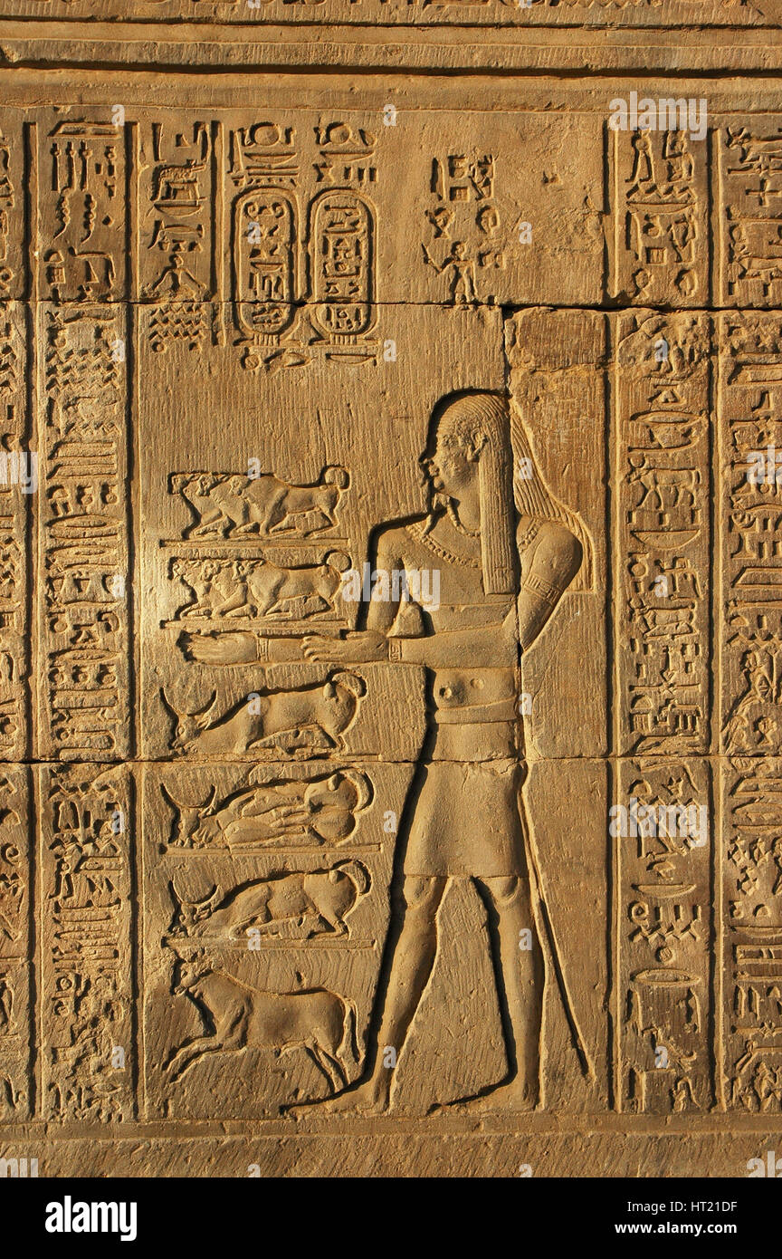 Relief on one of the double temples of Kom Ombo.The southern temple was dedicated to Sobek, the croc Artist: Werner Forman. Stock Photo
