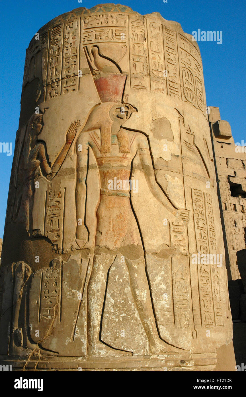 Relief depicting Horus the falcon-headed god on a column of the northern temple of Kom Ombo.The sout Artist: Werner Forman. Stock Photo