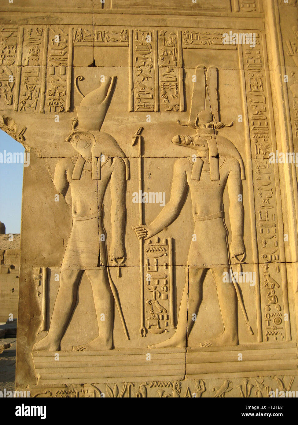 A relief depicting the god, Horus and the Sobek on the wall of one of the temples of Kom Ombo.The so Artist: Werner Forman. Stock Photo