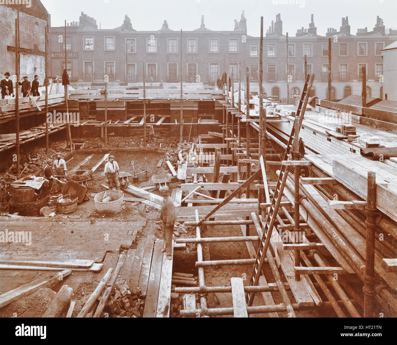 Men building the Camden Town Sub-Station, London, 1908. Artist: Unknown. Stock Photo