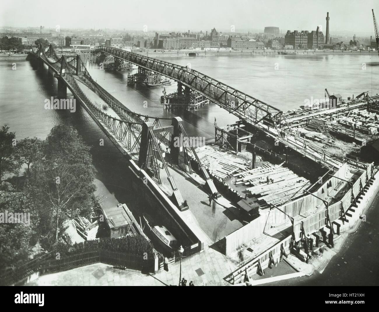 Old Lambeth Bridge with temporary footbridge alongside, London, before 1932. Artist: Unknown. Stock Photo