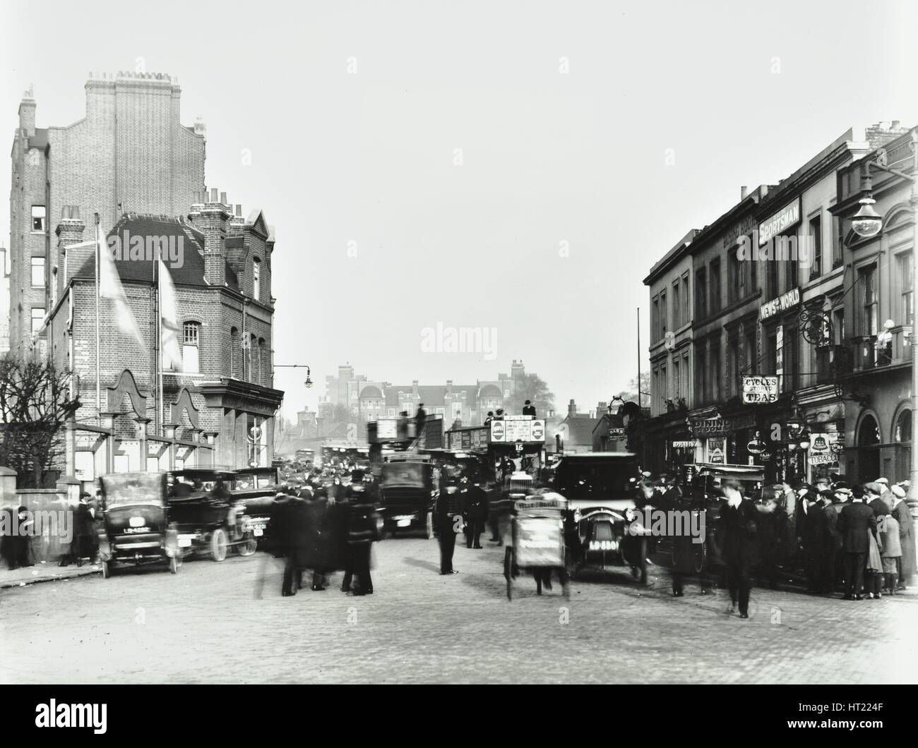 Busy street by Stamford Bridge Stadium, (Chelsea Football Ground), Fulham, London, 1912. Artist: Unknown. Stock Photo