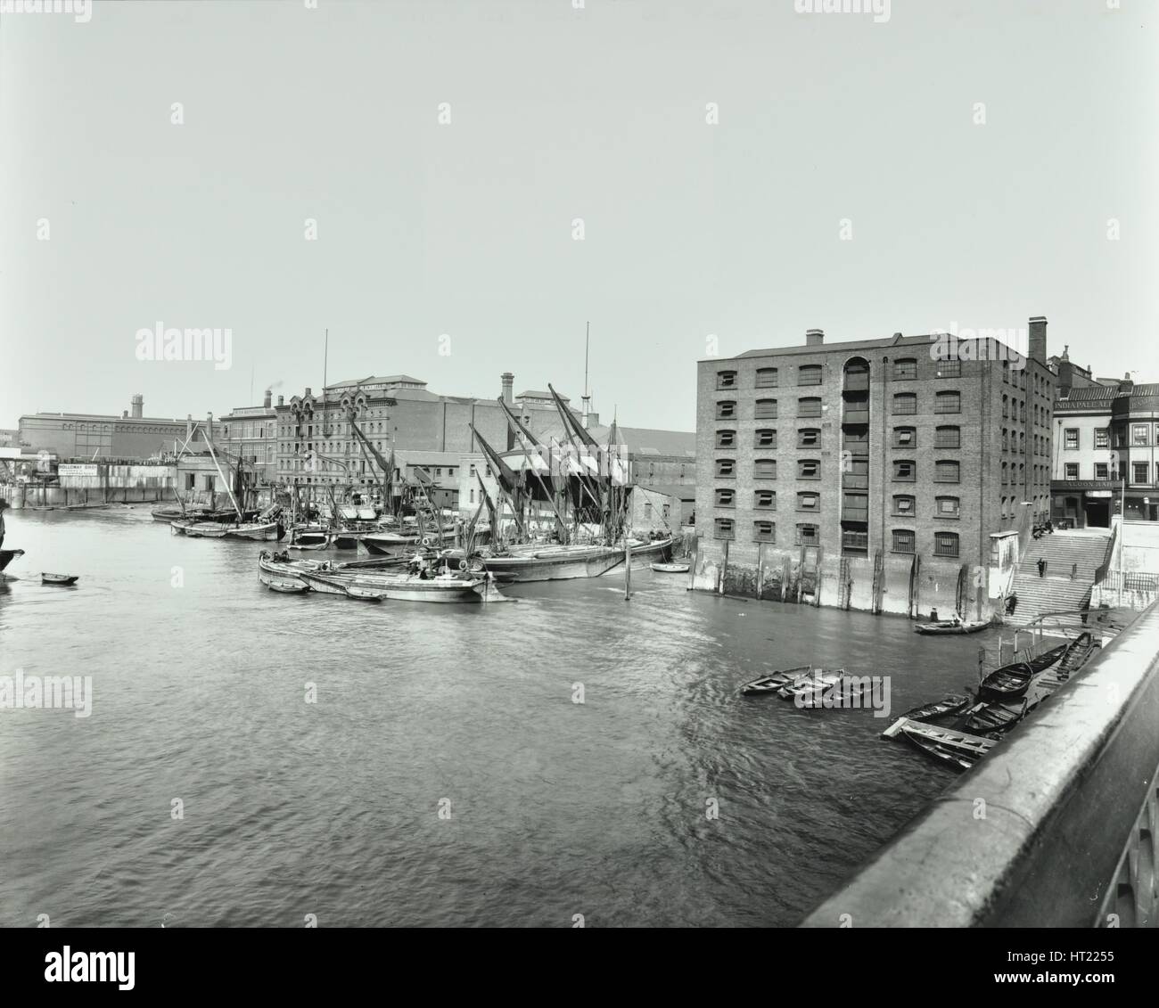 Boats and warehouses on the River Thames, Lambeth, London, 1906. Artist: Unknown. Stock Photo