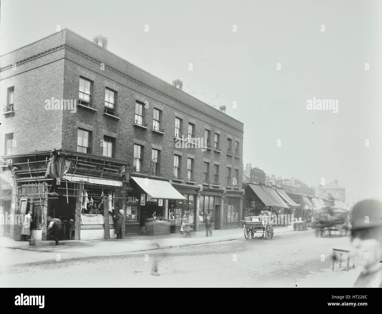 Butcher's and other shops on the Tower Bridge Road, Bermondsey, London
