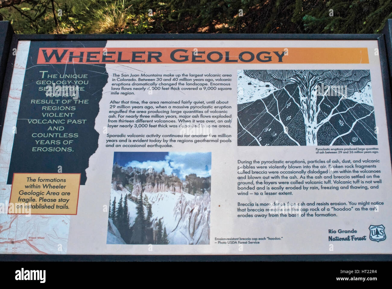 Sign at Wheeler Geologic Area at San Juan Mountains, Colorado, USA Stock Photo